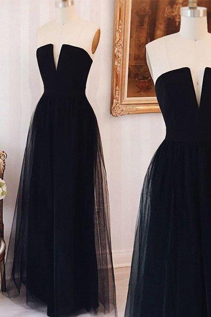  New Arrival elegant simple tulle black long prom dress, black formal dress