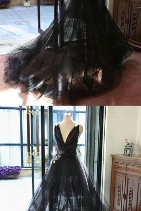 New Arrival black v neck tulle long prom dress, black evening dress
