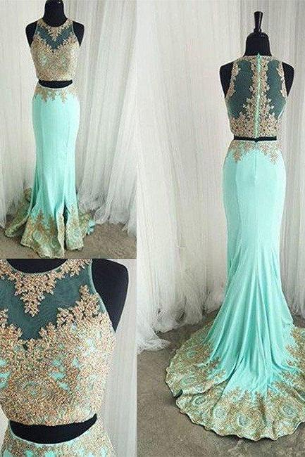 Cute Two Pieces Green Lace Mermaid Long Prom Dress, Evening Dress
