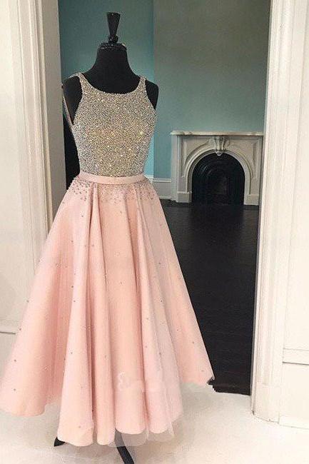 Cute Pink Sequin Tea-long Prom Dress, Pink Sequin Formal Dress For Teens