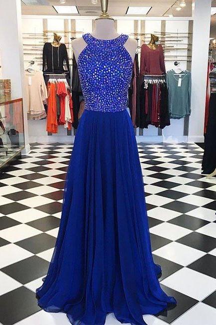 Royal Blue Round Neck Long Prom Dress, Blue Evening Dress