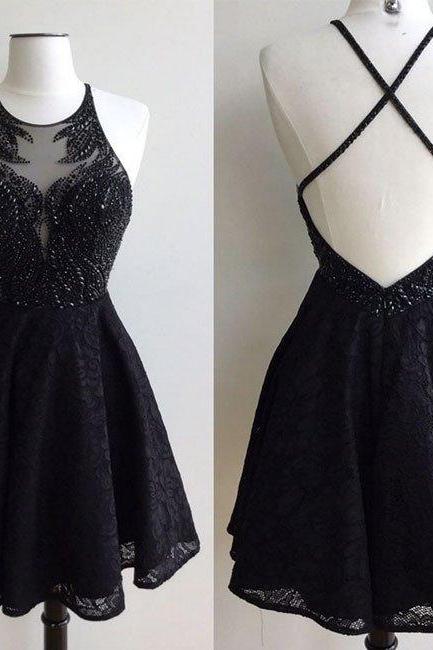 Black Beaded Embellished Halter Crew Neck Short Lace Homecoming Dress Featuring Criss-Cross Open Back