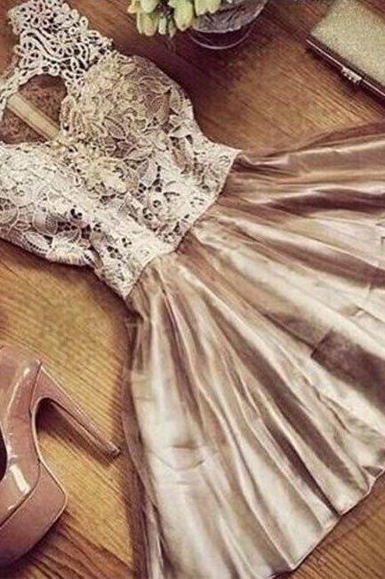Homecoming Dresses,champagne Round Neck Lace Tulle Short Prom Dress, Cute Homecoming Dress