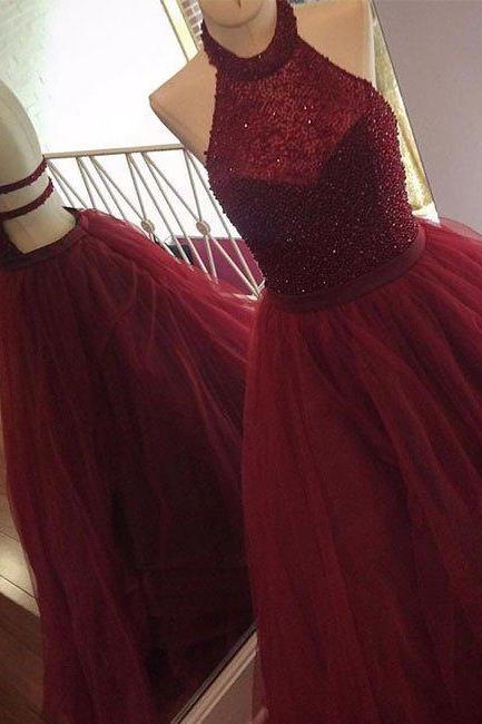 Burgundy Tulle Sequin Long Prom Dress, Cute Evening Dress For Teens