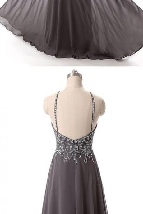 Dark Grey Beaded Embellished Halter Neck Floor Length A-line Formal Dress Featuring Open Back, Prom Dress