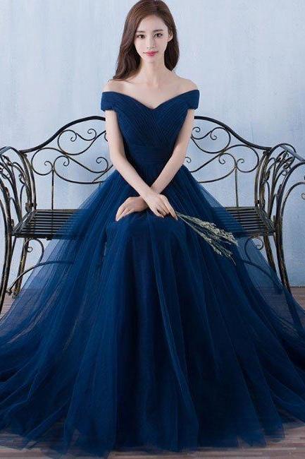 Arrival Simple A-line Dark Blue Tulle Long Prom For Teens, Blue Bridesmaid Dress