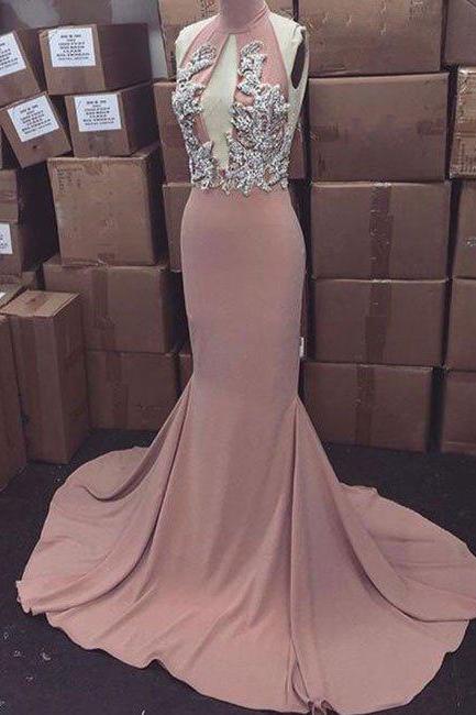 Pink High Neck Long Prom Dress For Teens, Evening Dress