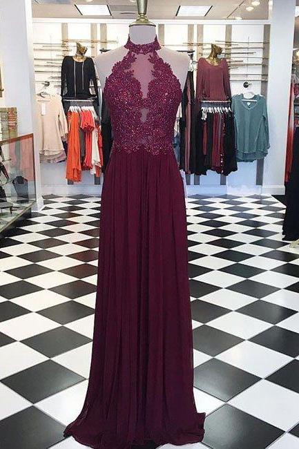 Burgundy Maroon Hight Neck Lace Long Prom Dress, Maroon Evening Dress