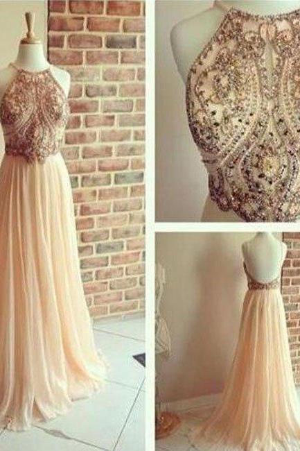 A Line Chiffon Backless Beading, Sequin Long Prom Dresses