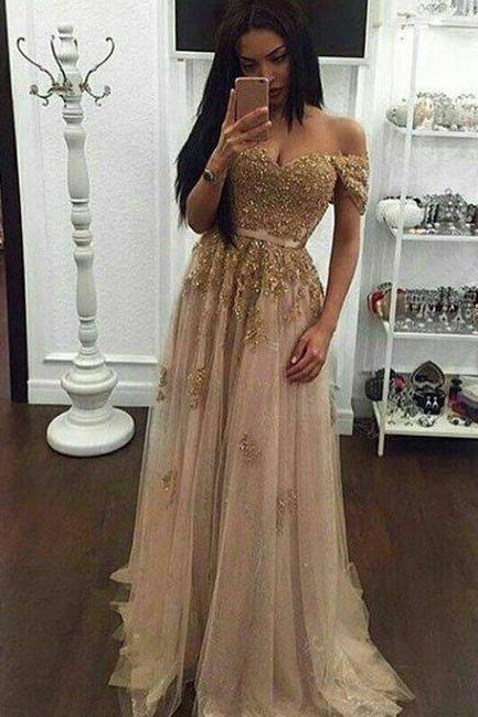 Gold Sequin Lace Off Shoulder Tulle Long Prom Dress, Evening Dress