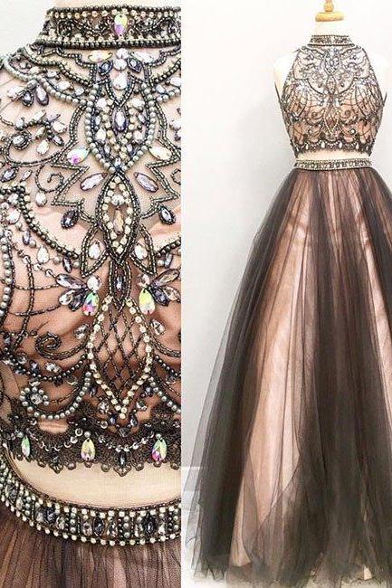 Custom Made Two Pieces Tulle Long Prom Dress, Black Evening Dress