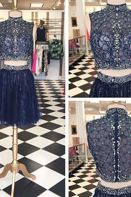 Homecoming Dresses,dark Blue High Neck Two Pieces Lace Short Prom Dress, Homecoming Dress
