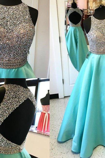 Prom Dresses,blue Round Neck Sequin Backless Long Prom Dress, Evening Dress
