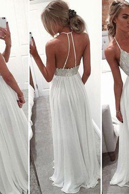 Prom Dresses,custom Made White A-line Backless Long Prom Dresses, Formal Dress