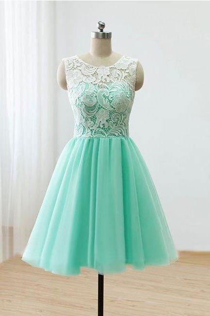 Homecoming Dresses,cute Round Neck Lace Tulle Short Green Prom Dress, Bridesmaid Dress