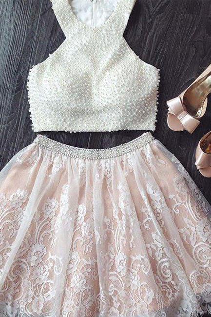 Homecoming Dresses,white A-line Lace Tow Pieces Short Prom Dress. Cute Homecoming Dress