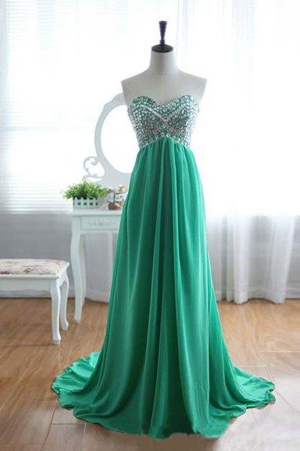 Green Beaded Embellished Sweetheart Floor Length Chiffon A-line Prom Dress Featuring Low Back And Sweep Train