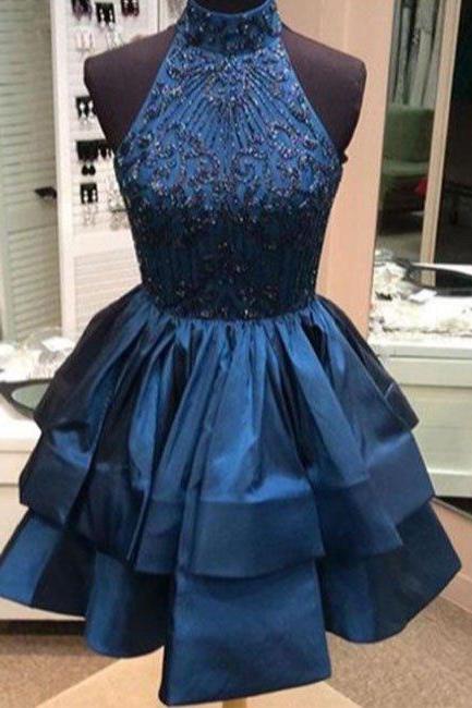 Homecoming Dresses,high Neck Sequin Beaded Short Prom Dress, Cute Homecoming Dress,sweet 16 Gowns
