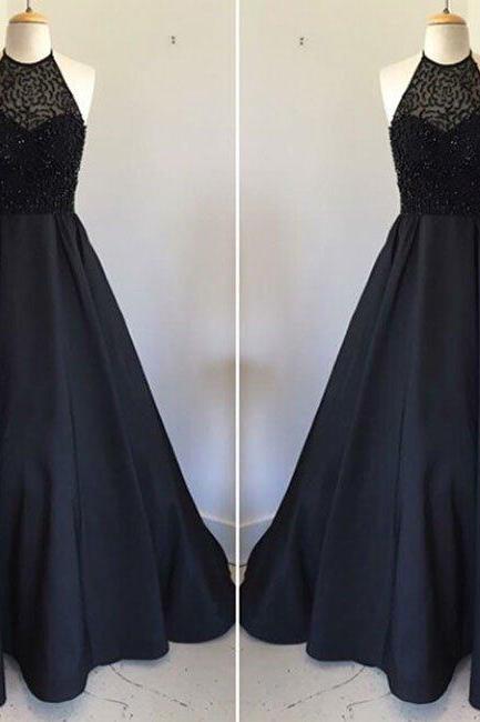 Prom Dresses, Black Round Neck Satin Long Prom Dress, Black Evening Dress