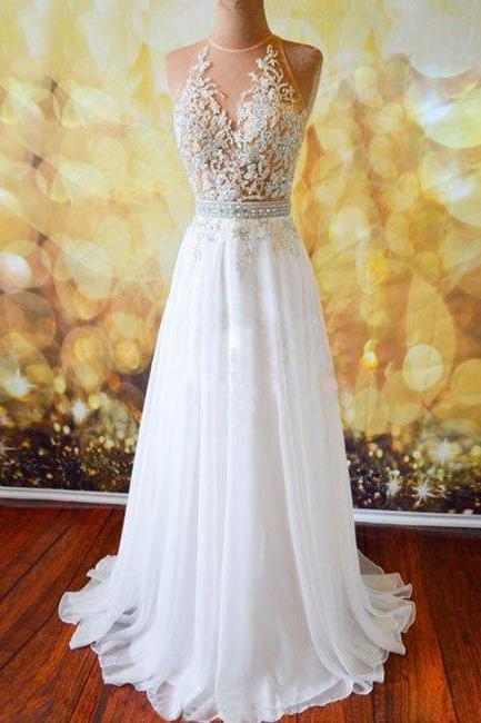 Prom Dresses,white A-line Lace Long Prom Dresses, Evening Dresses