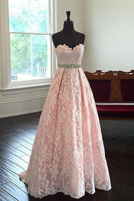 Prom Dresses, Pink Sweetheart Neck Lace Long Prom Dresses, Evening Dresses