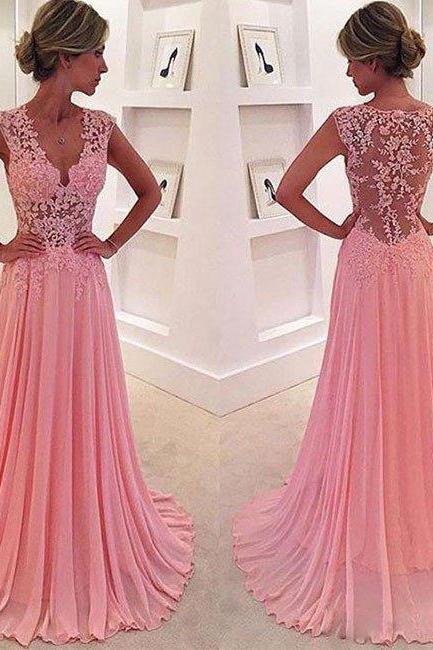 Prom Dresses, A-line V Neck Pink Chiffon Lace Long Prom Dress, Pink Evening Dress