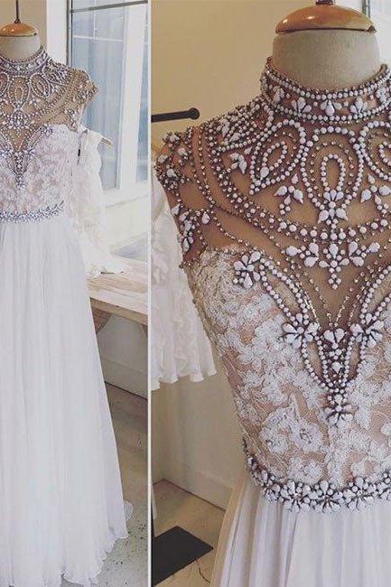 White High-neck Beaded Lace A-line Floor-length Prom Dress, Evening Dress