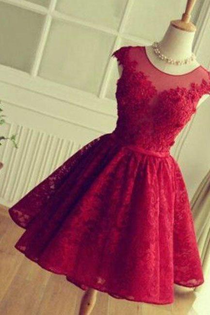 Homecoming Dresses,simple Round Neck Lace Short Red Prom Dress, Bridesmaid Dress