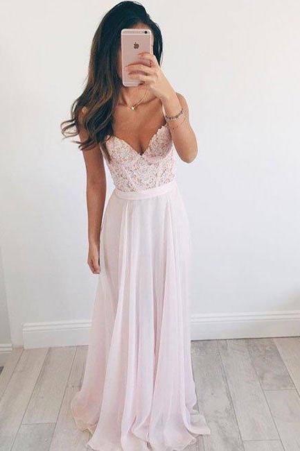 Prom Dresses, Pink Sweetheart A-line Chiffon Lace Long Prom Dress, Formal Dress