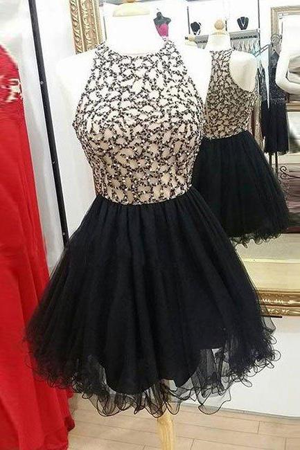 Homecoming Dresses,black Round Neck Tulle Sequin Short Prom Dress, Cute Homecoming Dress