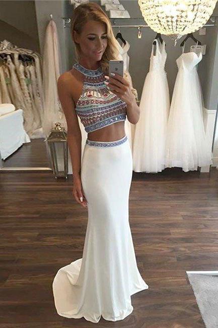 Prom Dresses,custom Made White Mermaid Two Pieces Long Prom Dress, Formal Dress