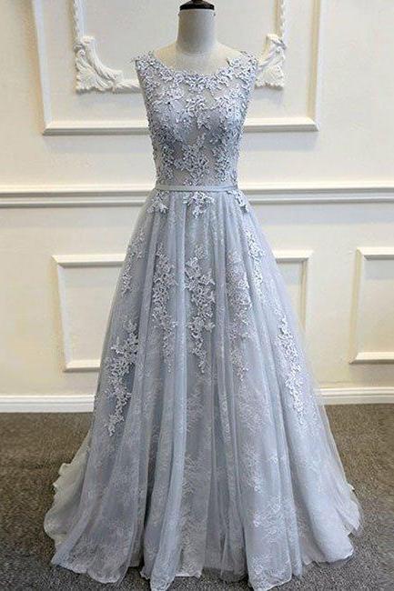 Prom Dresses,a-line Round Neck Tulle Lace Long Gray Prom Dress, Bridesmaid Dress