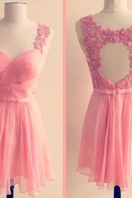 Homecoming Dresses,pink Sweetheart Chiffon Lace Short Prom Dress, Cute Homecoming Dress