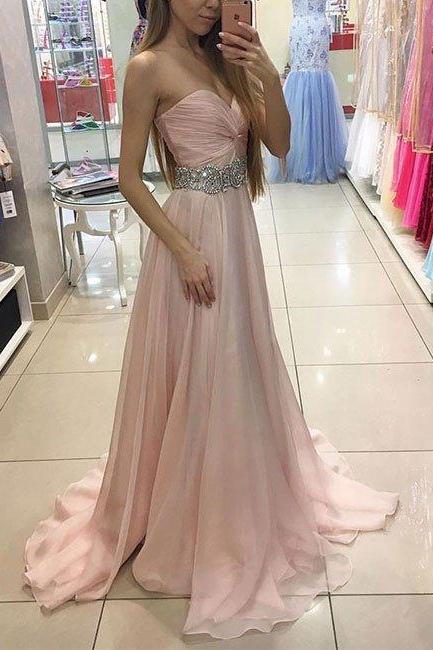 Pink Front Knot Sweetheart Neckline Floor Length Chiffon Prom Dress, Bridesmaid Dress With Crystal Beaded Belt