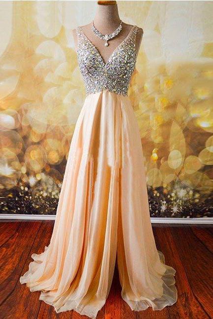 Prom Dresses,champagne A-line V Neck Chiffon Long Prom Dress, Formal Dresses