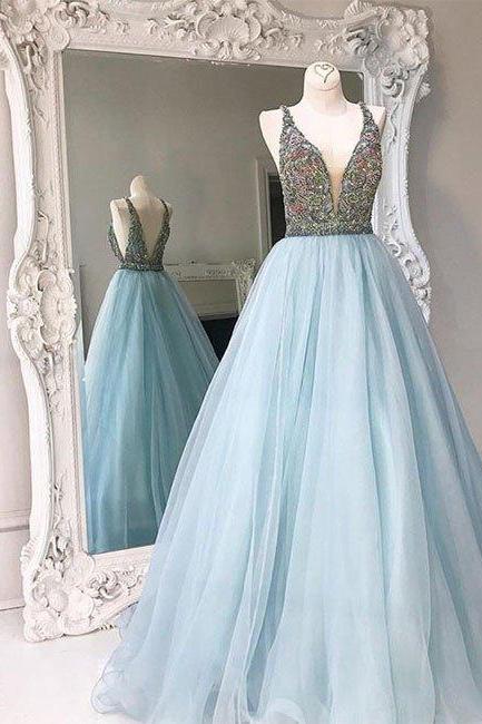 Prom Dresses,unique V Neck Tulle Sequin Beading Long Prom Dress, Blue Evening Dress