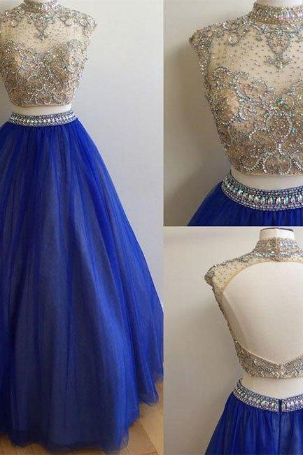 Prom Dresses,royal Blue Round Neck Tulle Sequin Two Pieces Long Prom Dress,evening Dress