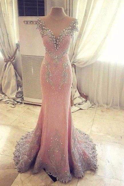 Prom Dresses,custom Made Pink Round Neck Beaded Long Prom Dress, Formal Dress
