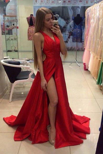 prom dresses,New Arrival simple v neck red long prom dress for teens, evening dress