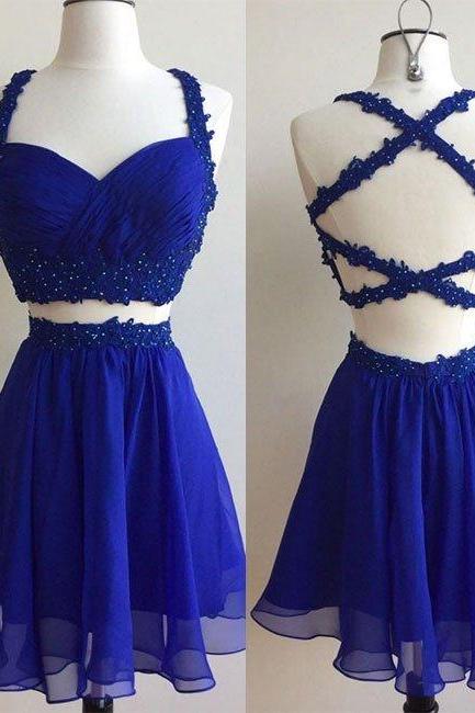  homecoming dresses,royal blue two pieces lace short prom dress, cute homecoming dress