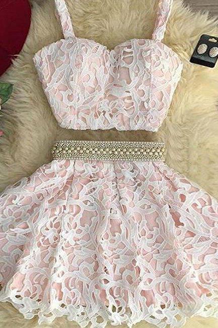 Homecoming Dresses,cute Pink Two Pieces Lace Short Prom Dress, Pink Homecoming Dress
