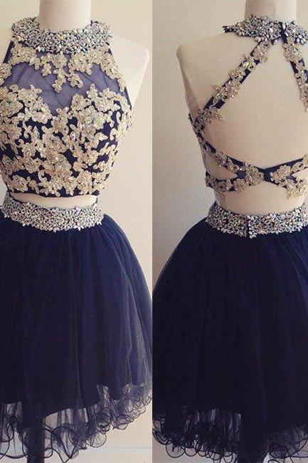 Homecoming Dresses,dark Blue Tulle Lace 2 Pieces Short Prom Dress, Homecoming Dress