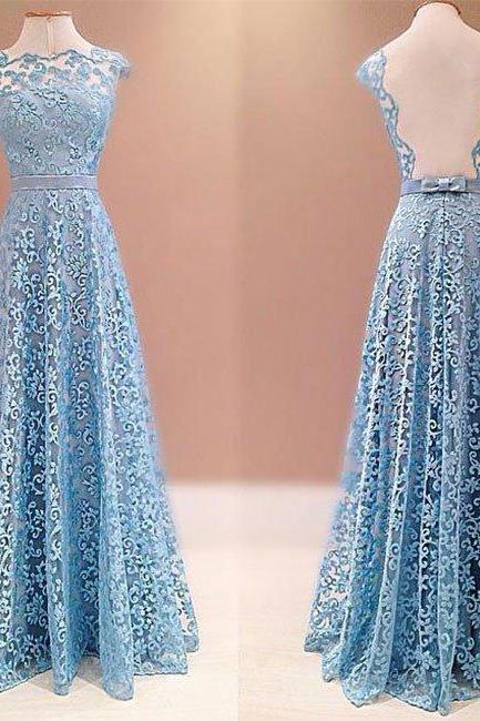 Prom Dresses,blue A-line Round Neck Lace Long Prom Dress, Lace Bridesmaid Dress