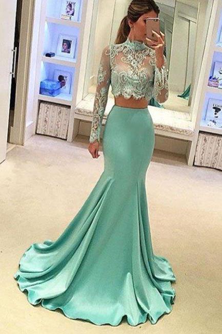 Prom Dresses,mint Green Mermaid Style Two Pieces Lace Long Prom Dress, Evening Dress