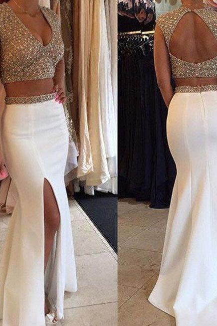 Prom Dresses,white 2 Pieces Sequin Mermaid Long Prom Dress