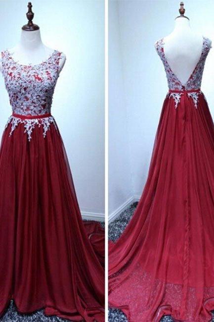 Prom Dresses,burgundy A-line Chiffon Lace Long Prom Dress, Evening Dress
