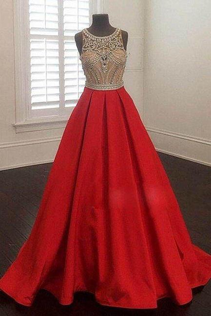 Prom Dresses,a-line Red Round Neck Beaded Long Prom Dress, Evening Dress