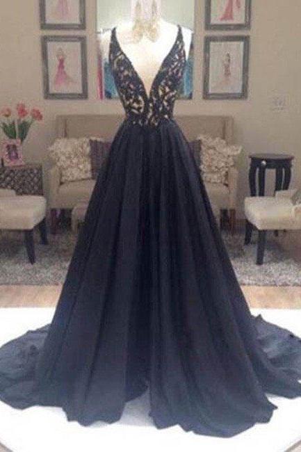 Prom Dresses,black V Neck Lace Long Prom Dress,black Evening Dress