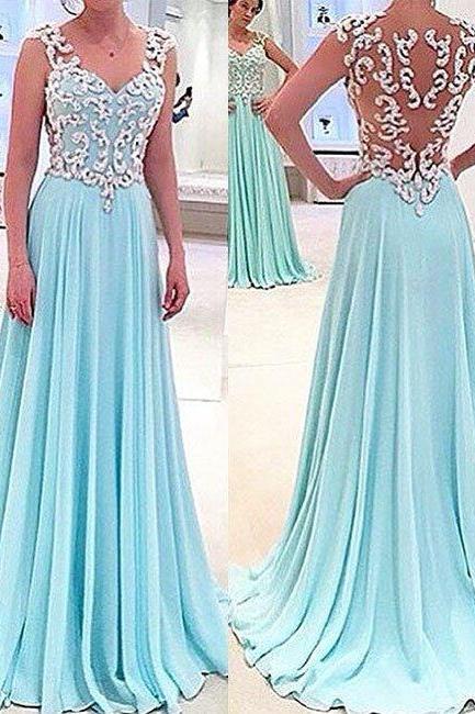 Prom Dresses,blue A-line Chiffon Lace Long Prom Dress, Formal Dress
