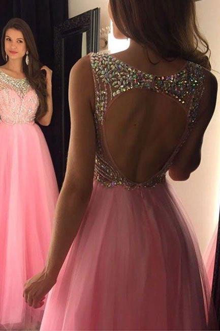 Prom Dresses,a-line Backless Tulle Pink Long Prom Dress, Evening Dress